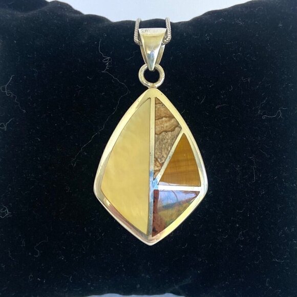 Sterling Silver 925 Mother Of Pearl Jasper Tigers Eye Inlay Pendants Necklace - Picture 4 of 16